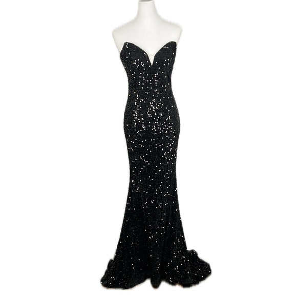 Black Velvet Sequin Sweetheart Strapless Lace-up Back Mermaid Gown Dress Sz 4 - Picture 1 of 16